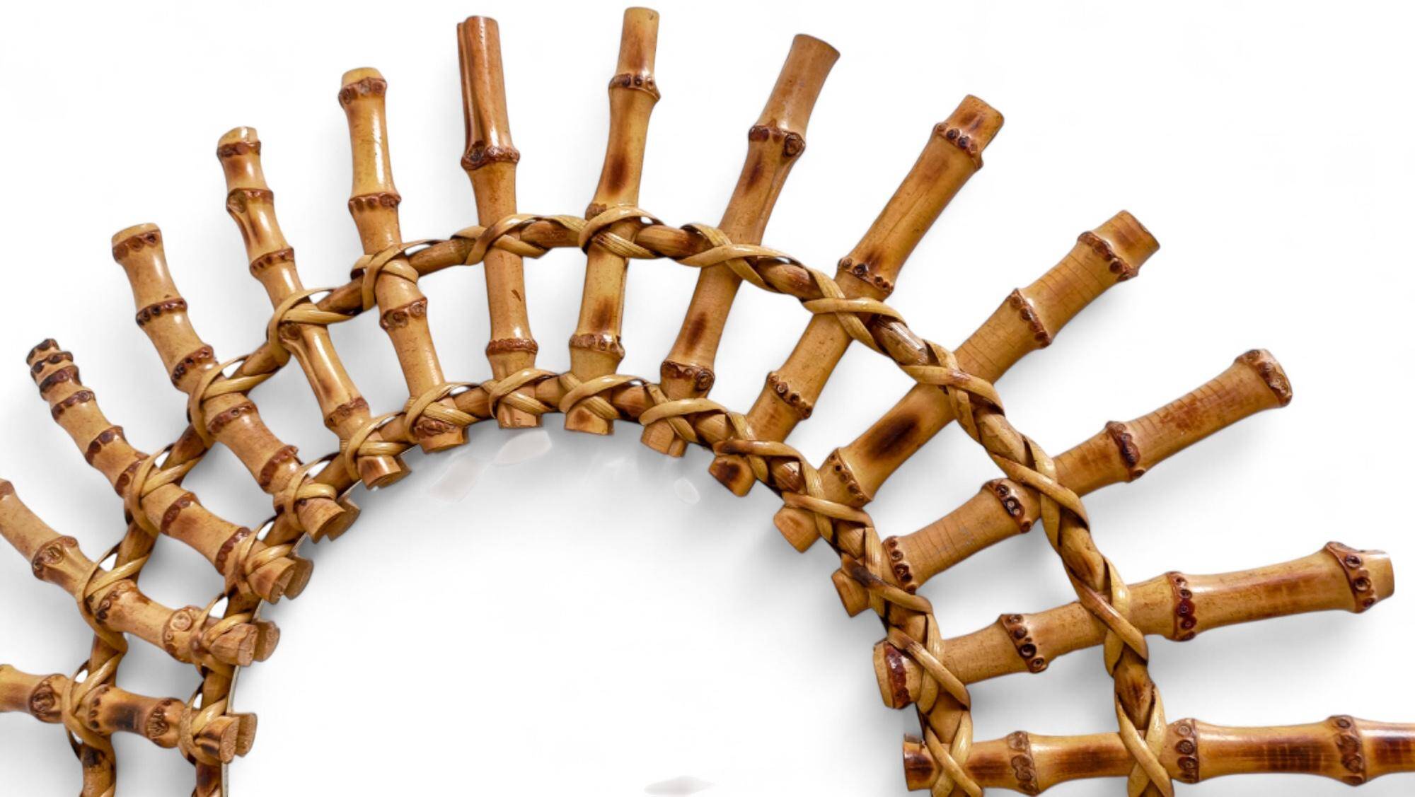 Midcentury Sunburst Mirror, Bamboo & Rattan, Handmade in France, 1950s