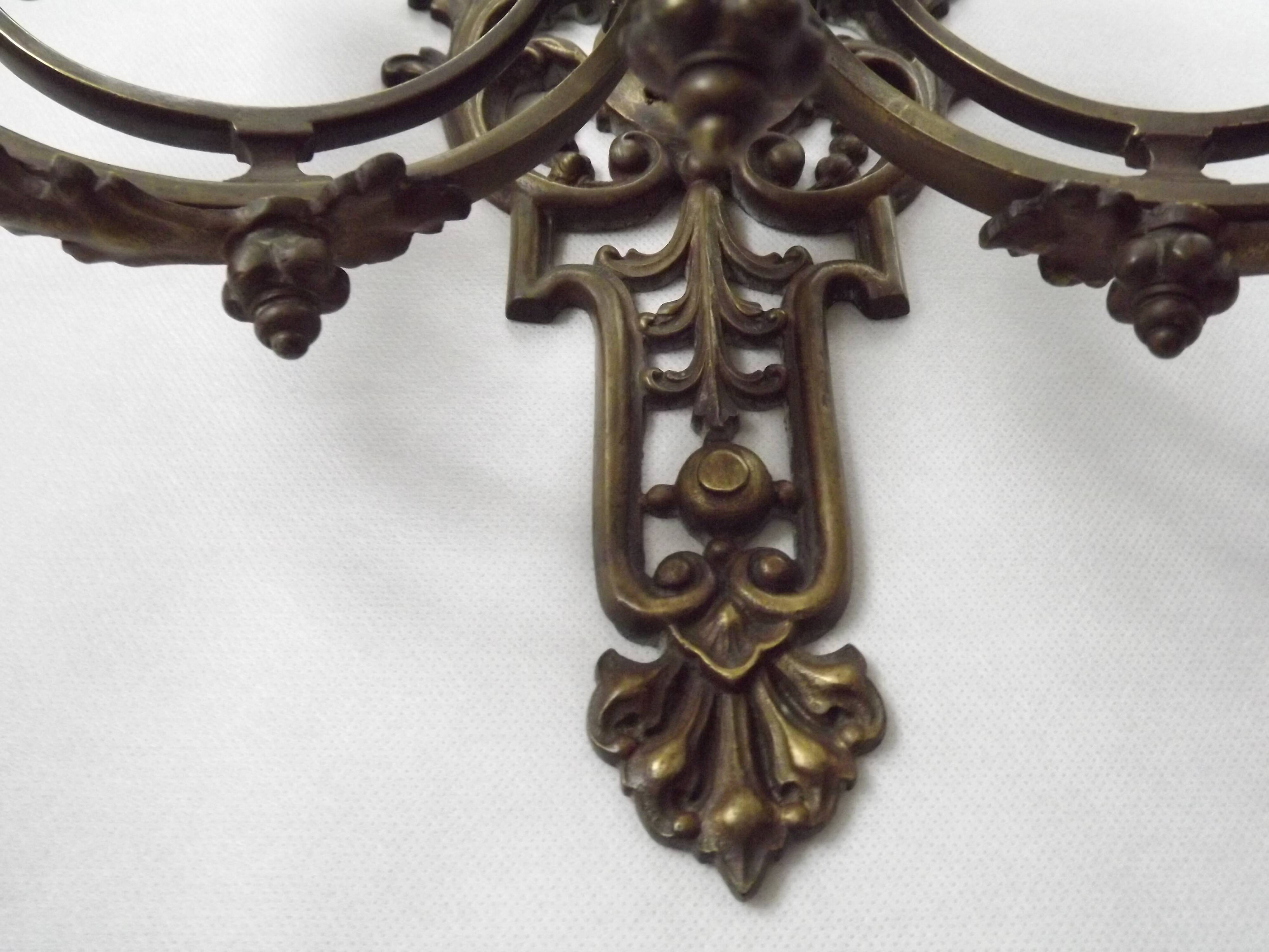 Pair of Heavy Victorian Bronze Triple Wall Sconces Griffin & Flower Detail
