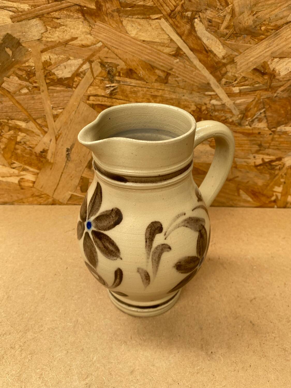 Old pitcher betschsorf stoneware beige deco flowers brown blue vintage