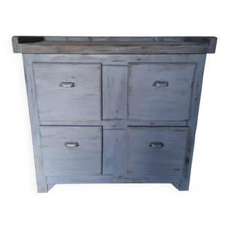 Meuble de metier établi années 40 patiné bleu