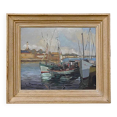 Painting "Thoniers à Quai", oil on panel, signed G. Boulard – Mid 20th century
