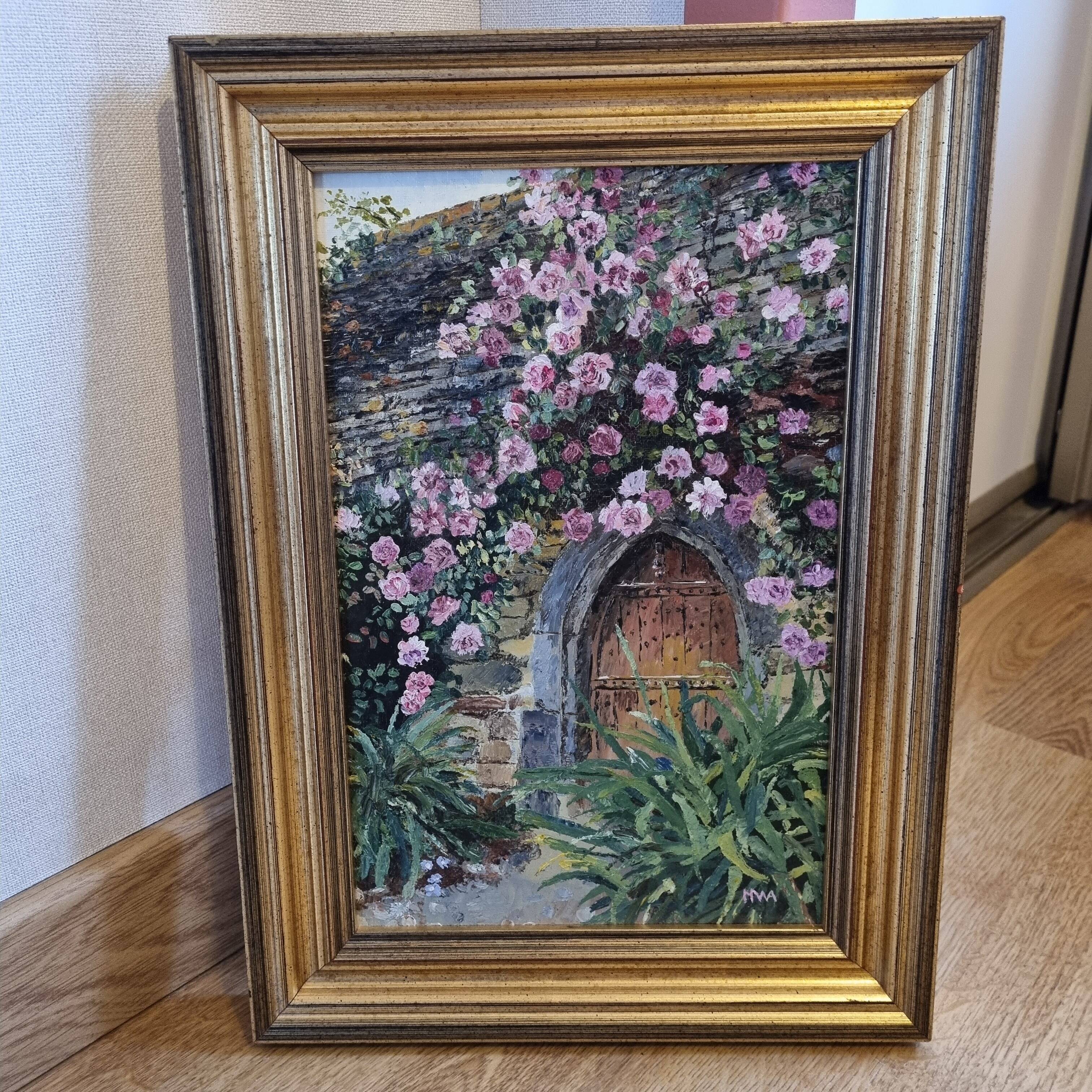Oil on canvas signed flowered house golden frame