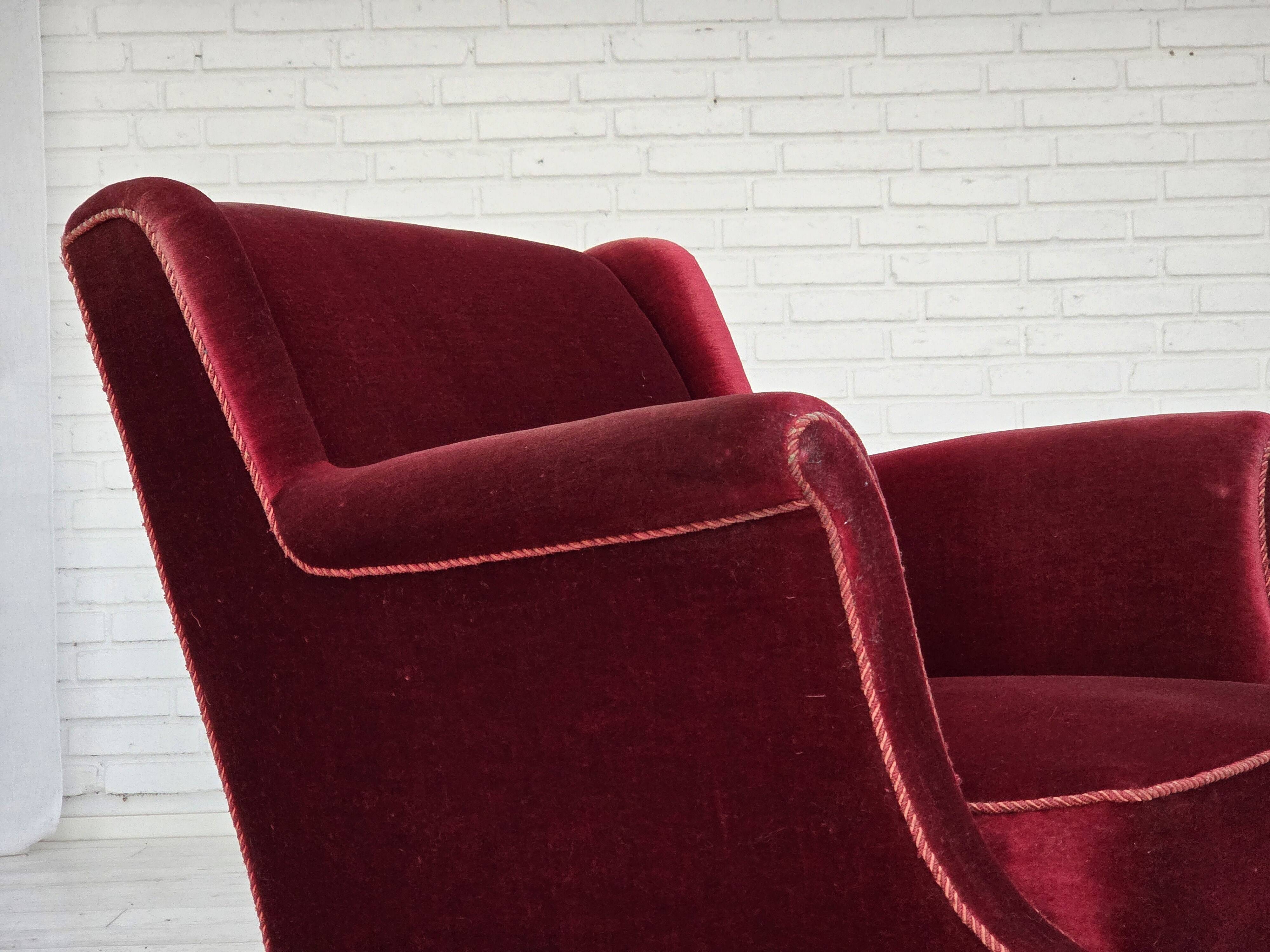 1960s, Danish armchair, cherry-red furniture velour, ash wood, original.