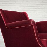 1960s, Danish armchair, cherry-red furniture velour, ash wood, original.