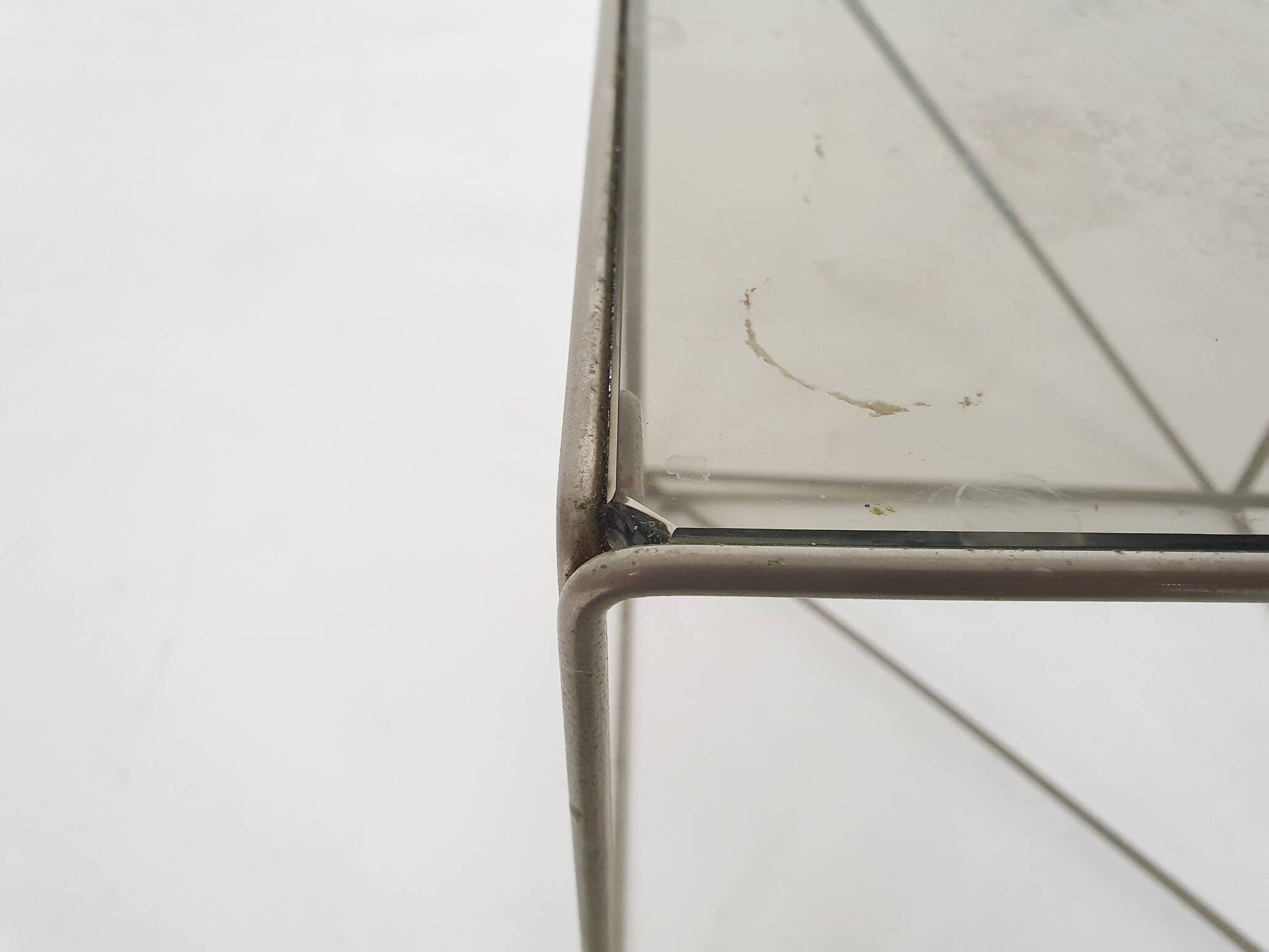 Rare metal and glass side table by Max Sauze, Isocele, France 1960's