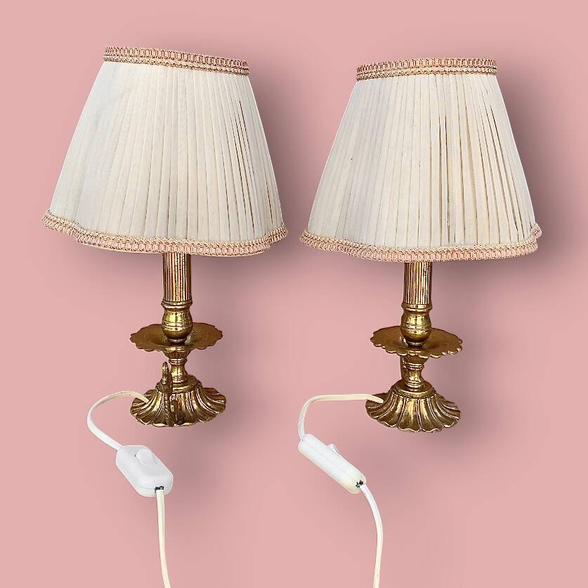Pair of bedside or side fish lamps in gilded brass