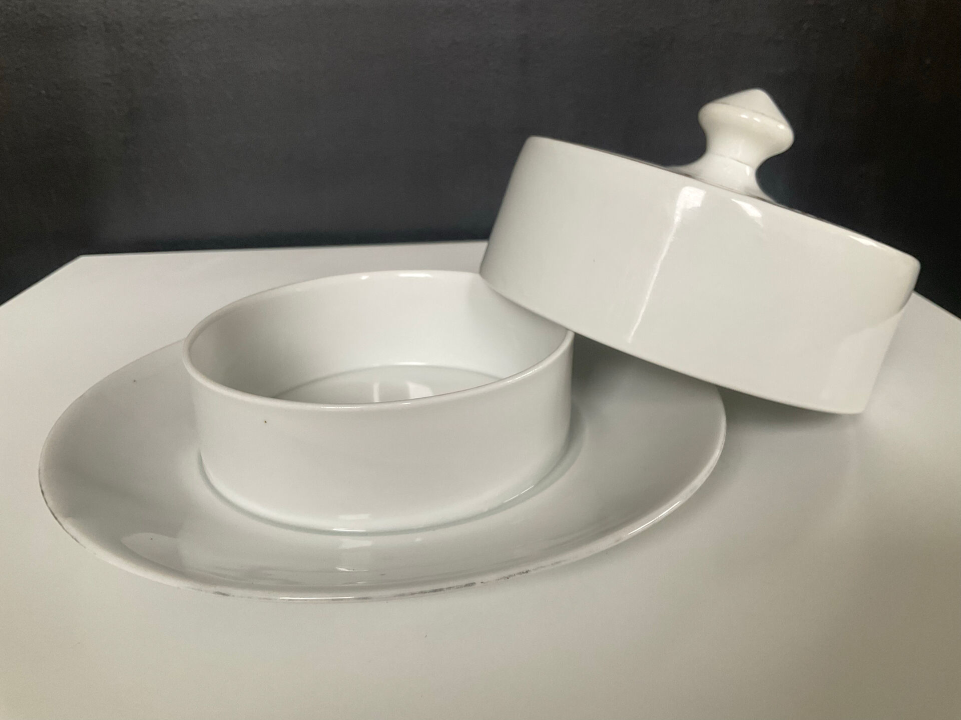 Vintage butter dish in enamelled porcelain