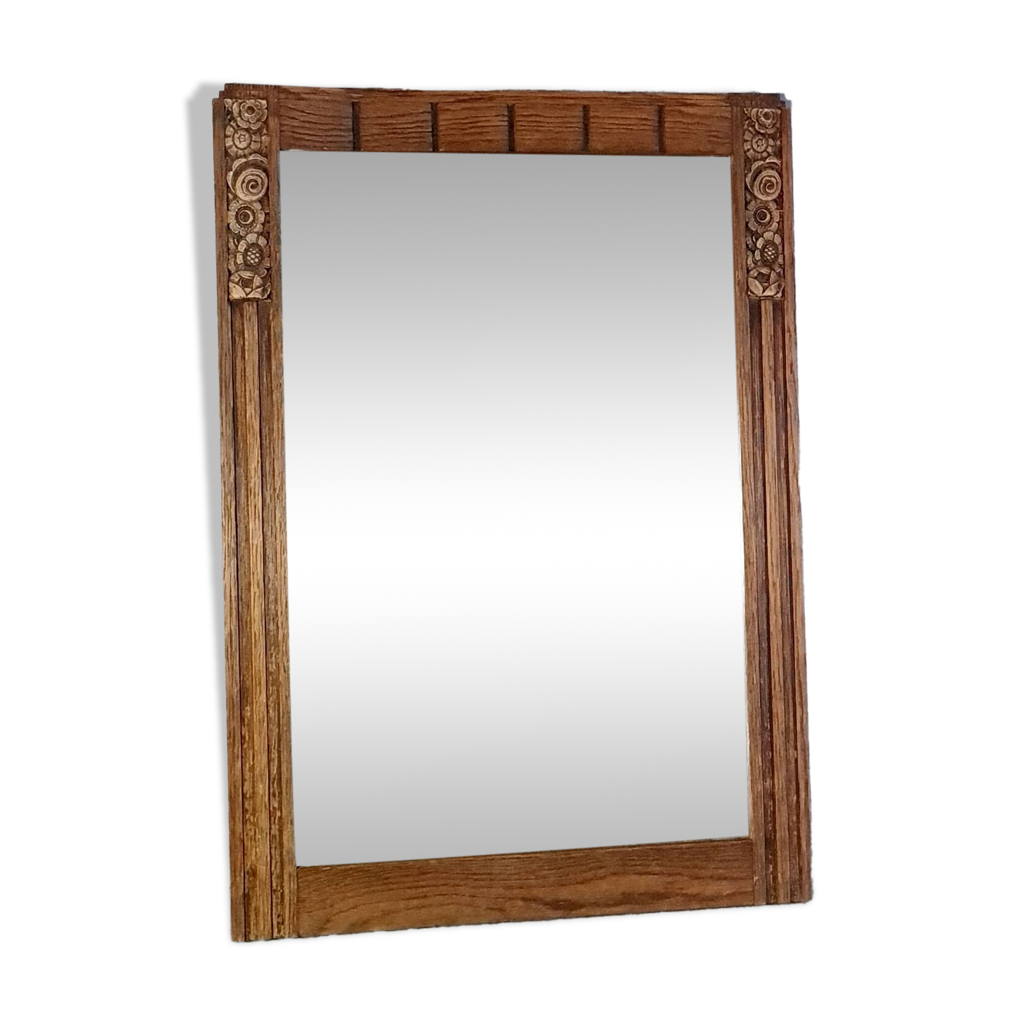 Miroir biseauté Art déco en chêne et stuc