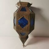 Oriental style hanging lantern in brass and dark blue glass
