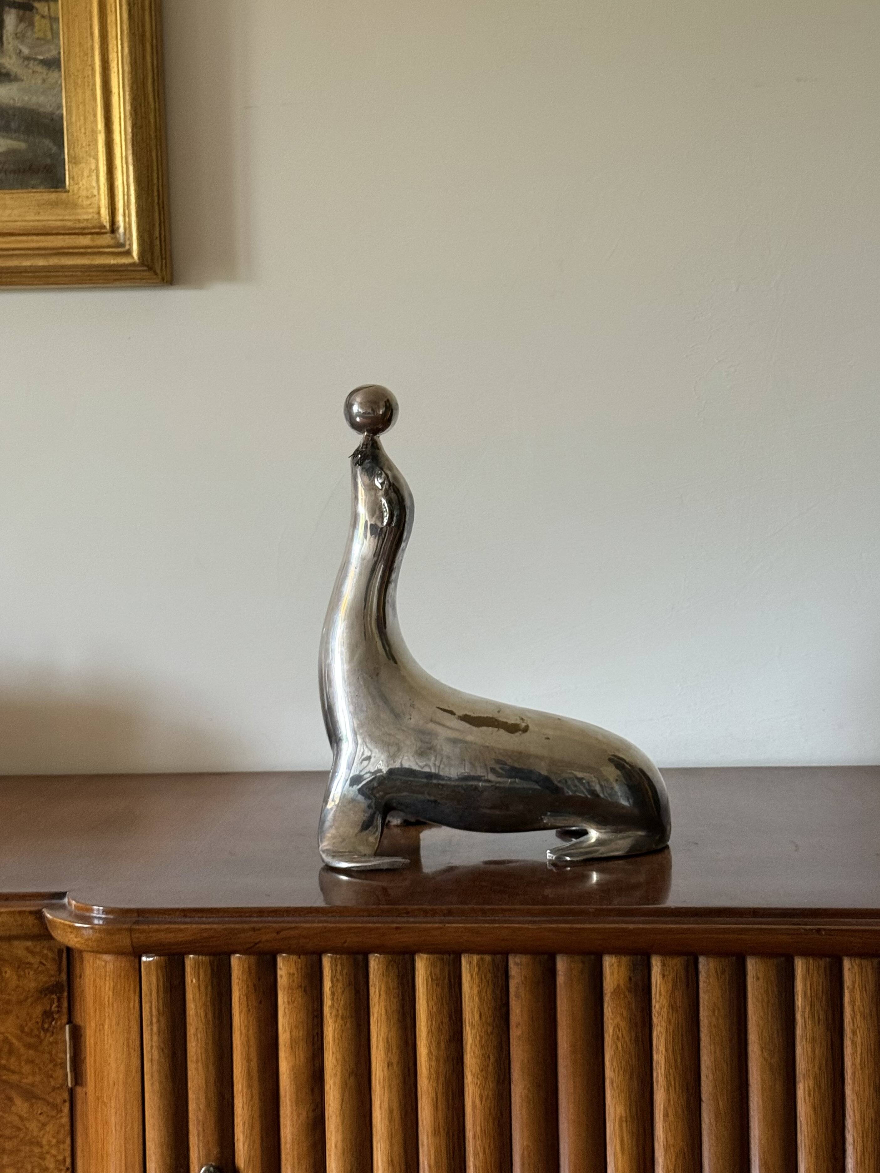 Art deco silverplated brass Seal sculpture, France 1940s