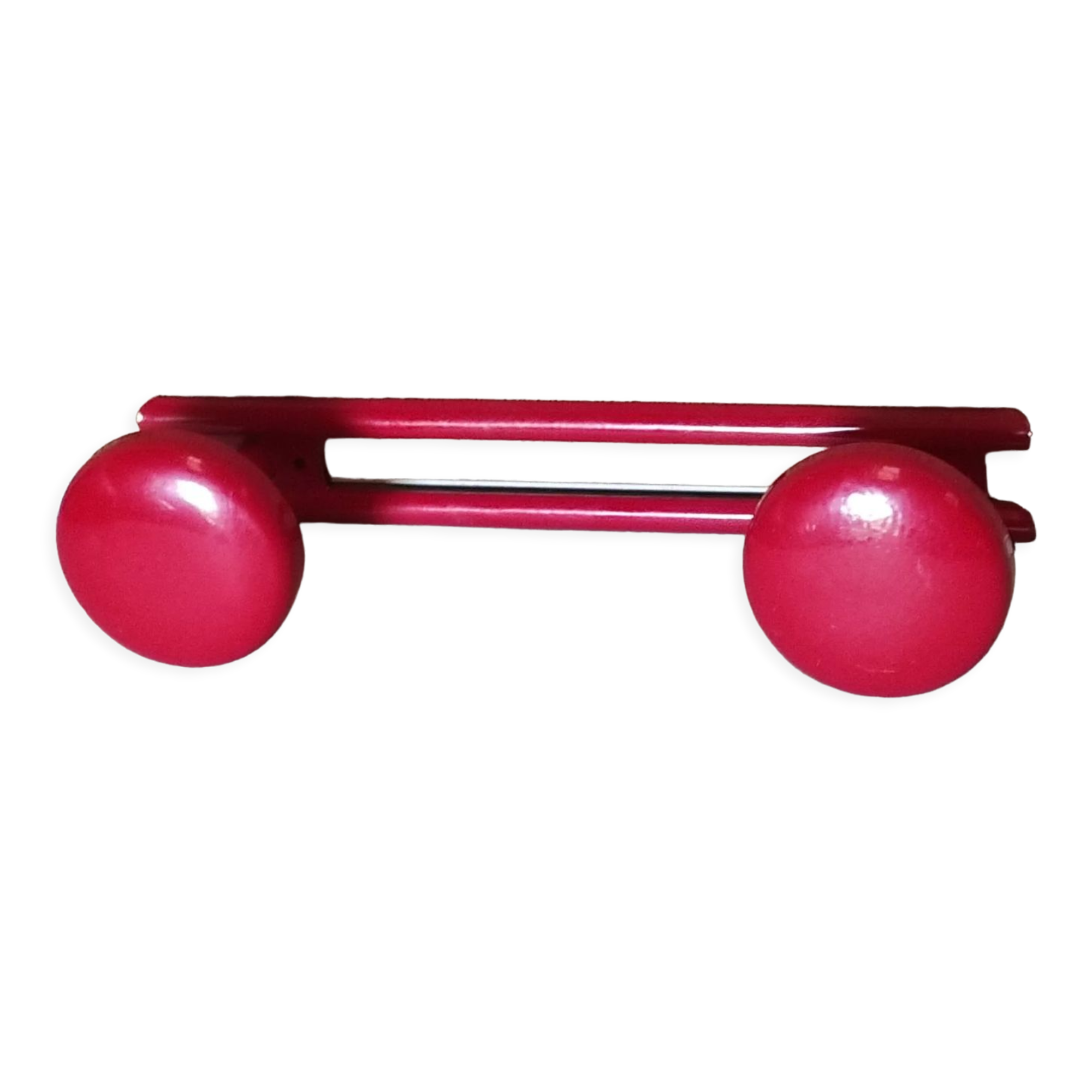 Old vintage wall coat rack 2 round metal hooks lacquered red new