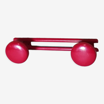 Old vintage wall coat rack 2 round metal hooks lacquered red new