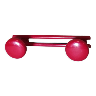 Old vintage wall coat rack 2 round metal hooks lacquered red new