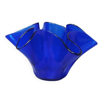1970s Blue Vase "Fazzoletto" by Dogi in Murano Glass. Made in Italy