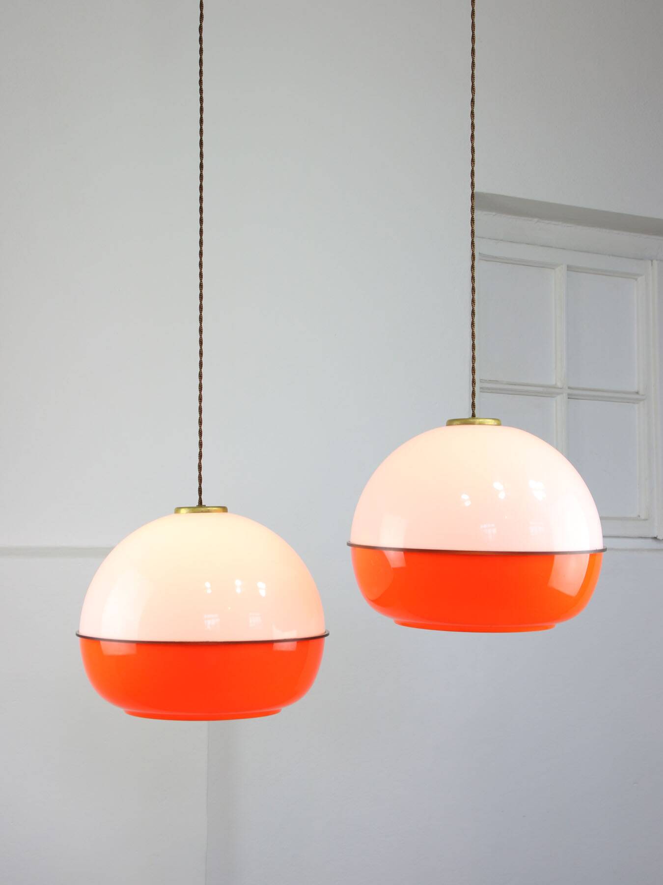 Space Age Italian Orange Plexiglass and Brass Pendant Lamp, 1970s