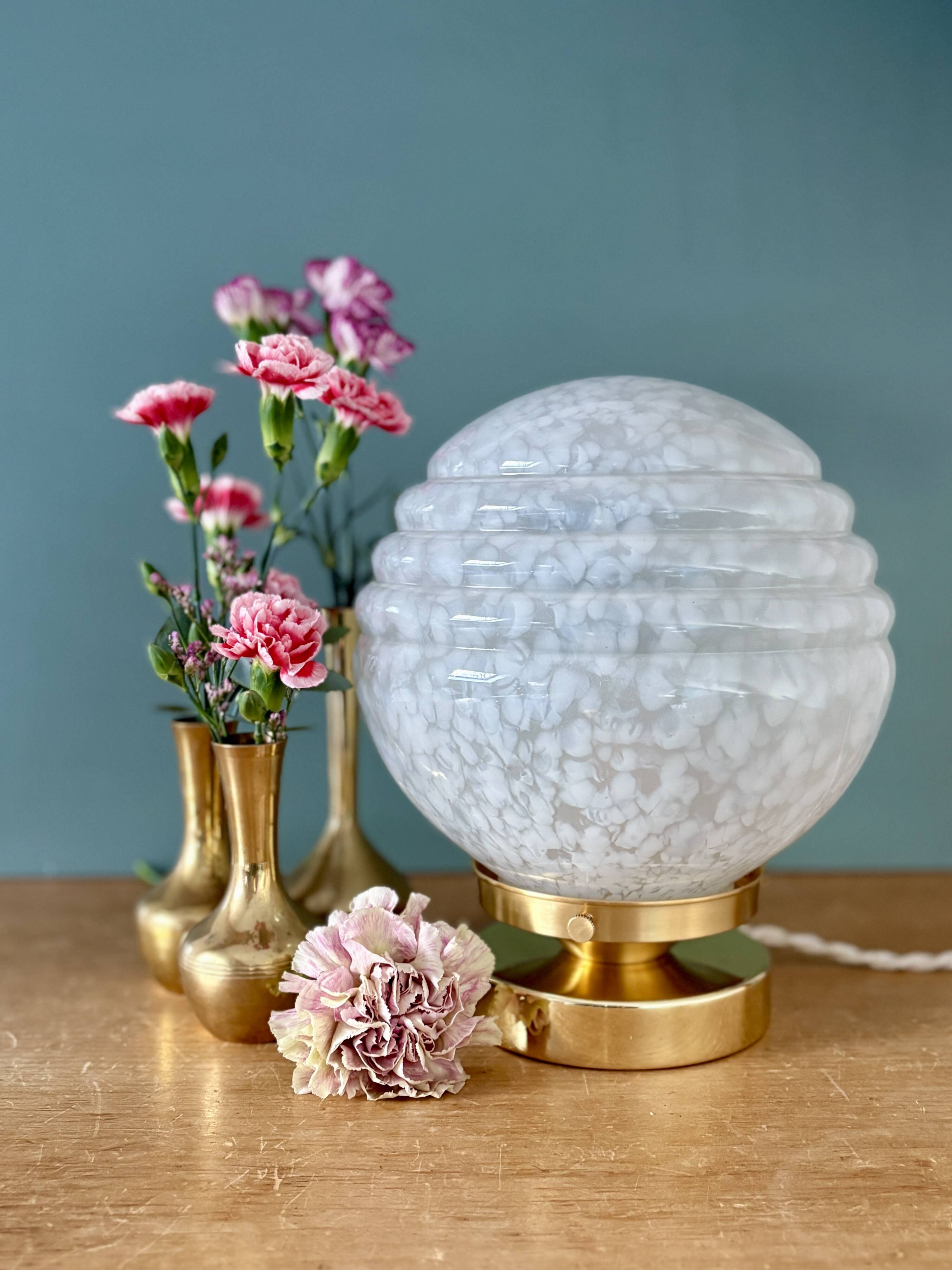 Vintage Art Deco globe table lamp in white Clichy glass