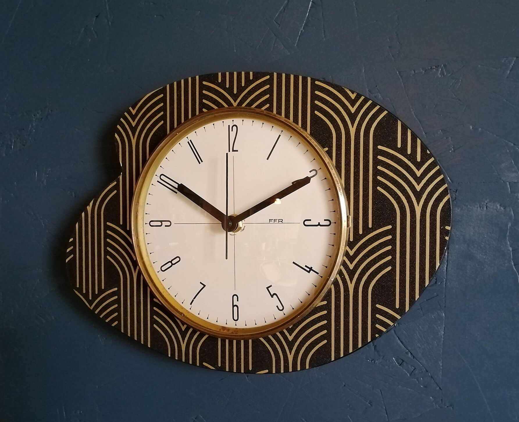 Vintage clock formica silent wall clock "FFR black gold"