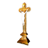 Crucifix ancien en bois doré 1900 - Croix Sculpture Jésus Christ en biscuit de porcelaine INRI