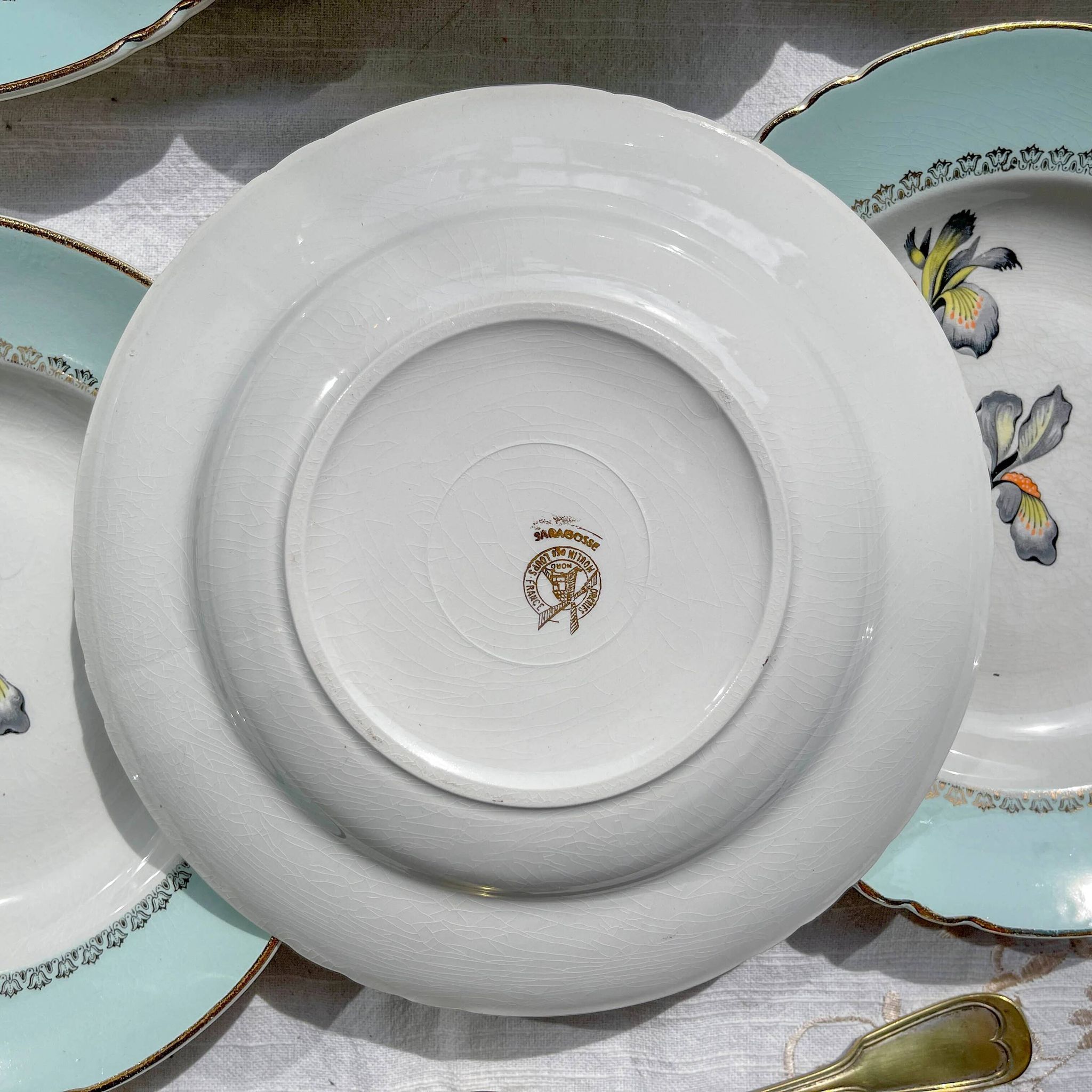 6 vintage white and green porcelain soup plates Iris Moulin des Loups "Sargosse" 1950s