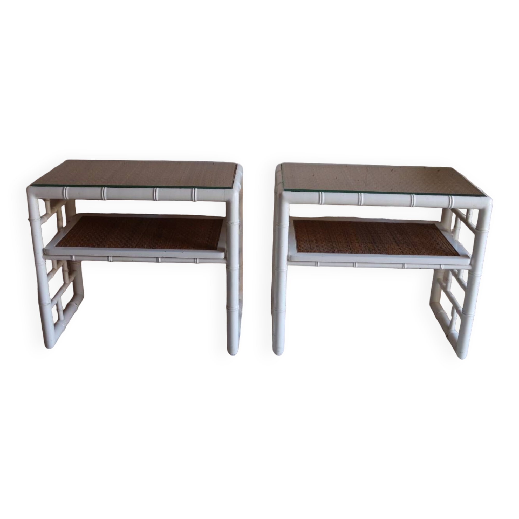 Paire de Chevet en bois effet bambou et osier tressé