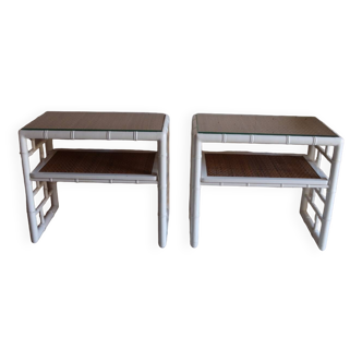 Pair of bedside tables in bamboo effect wood and woven wicker