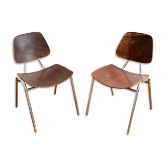 Pair of Thonet chairs in wood – metal and leather 1950s