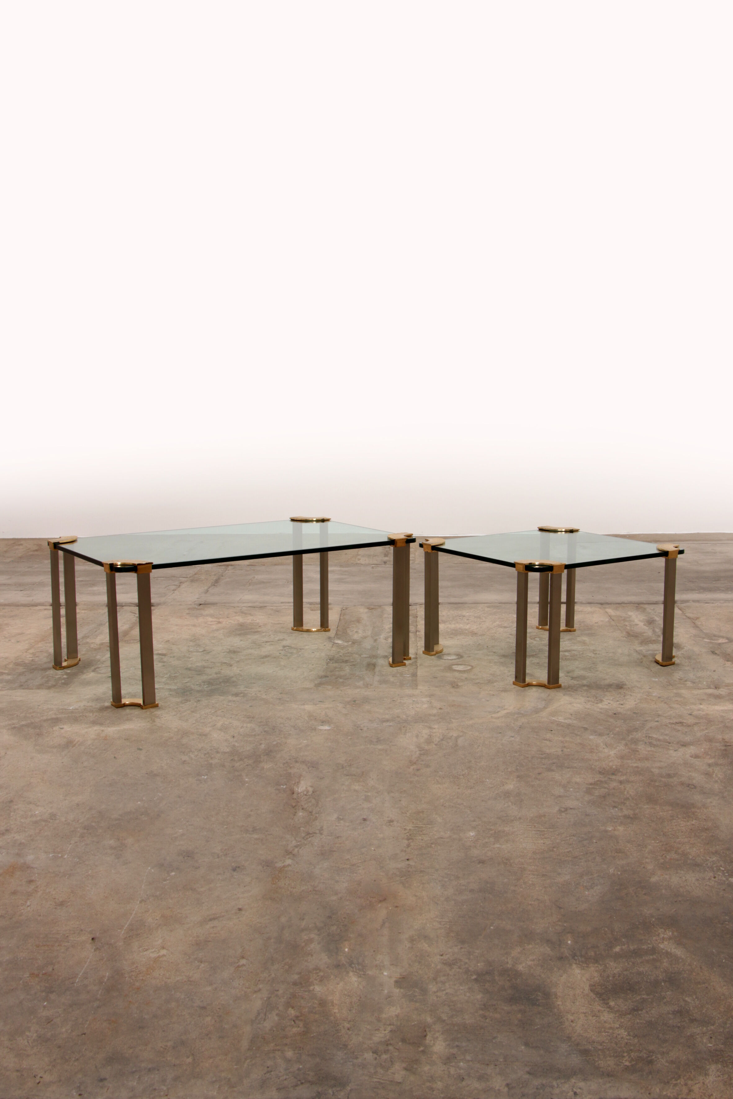 Hollywood regency gold glass coffee table with glass side table 1970