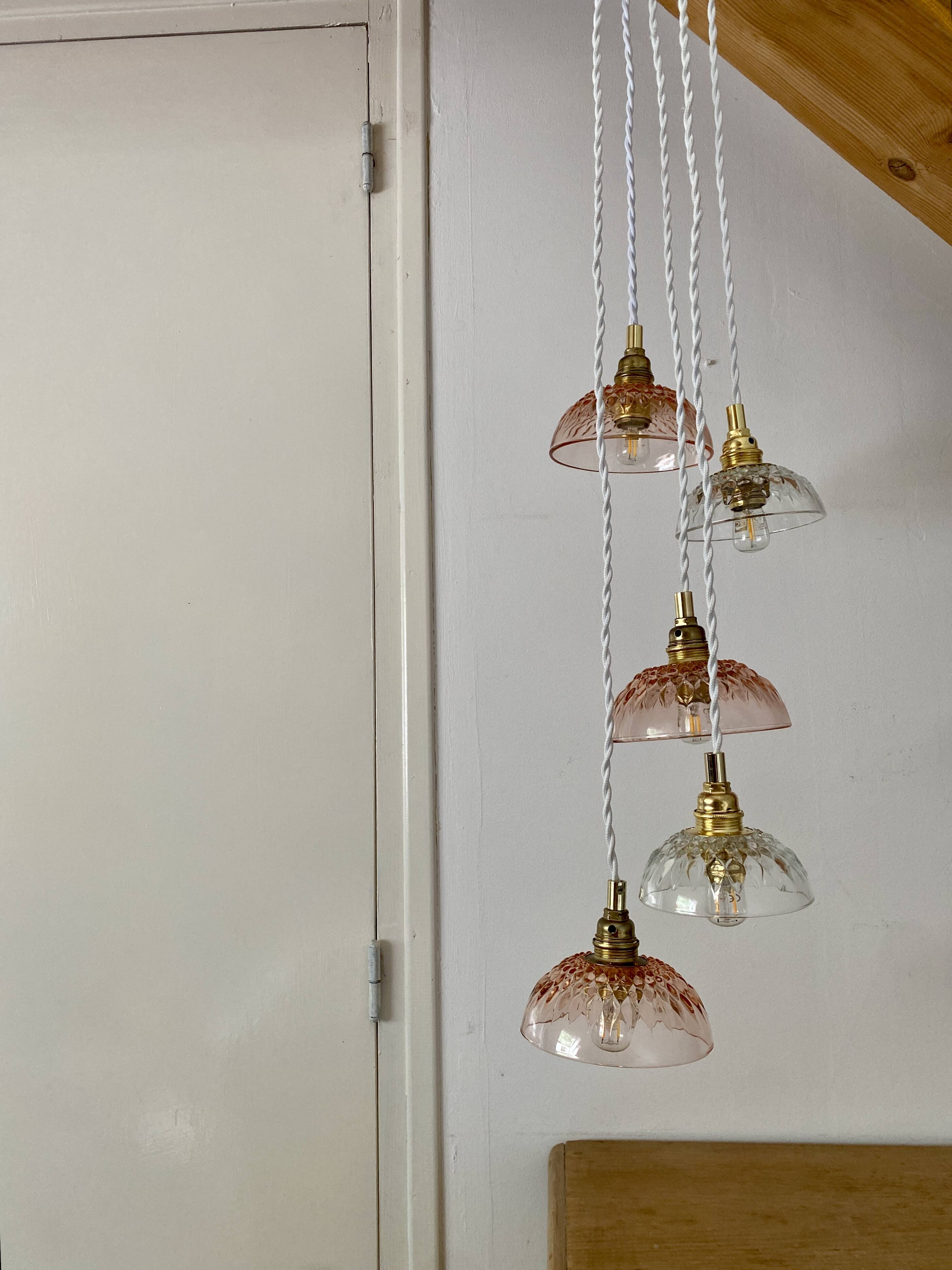 5-light waterfall pendant light with vintage pink and transparent glass shades