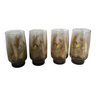 Verres Luminarc Tivoli set of 8, large amber glasses with a grass motif.