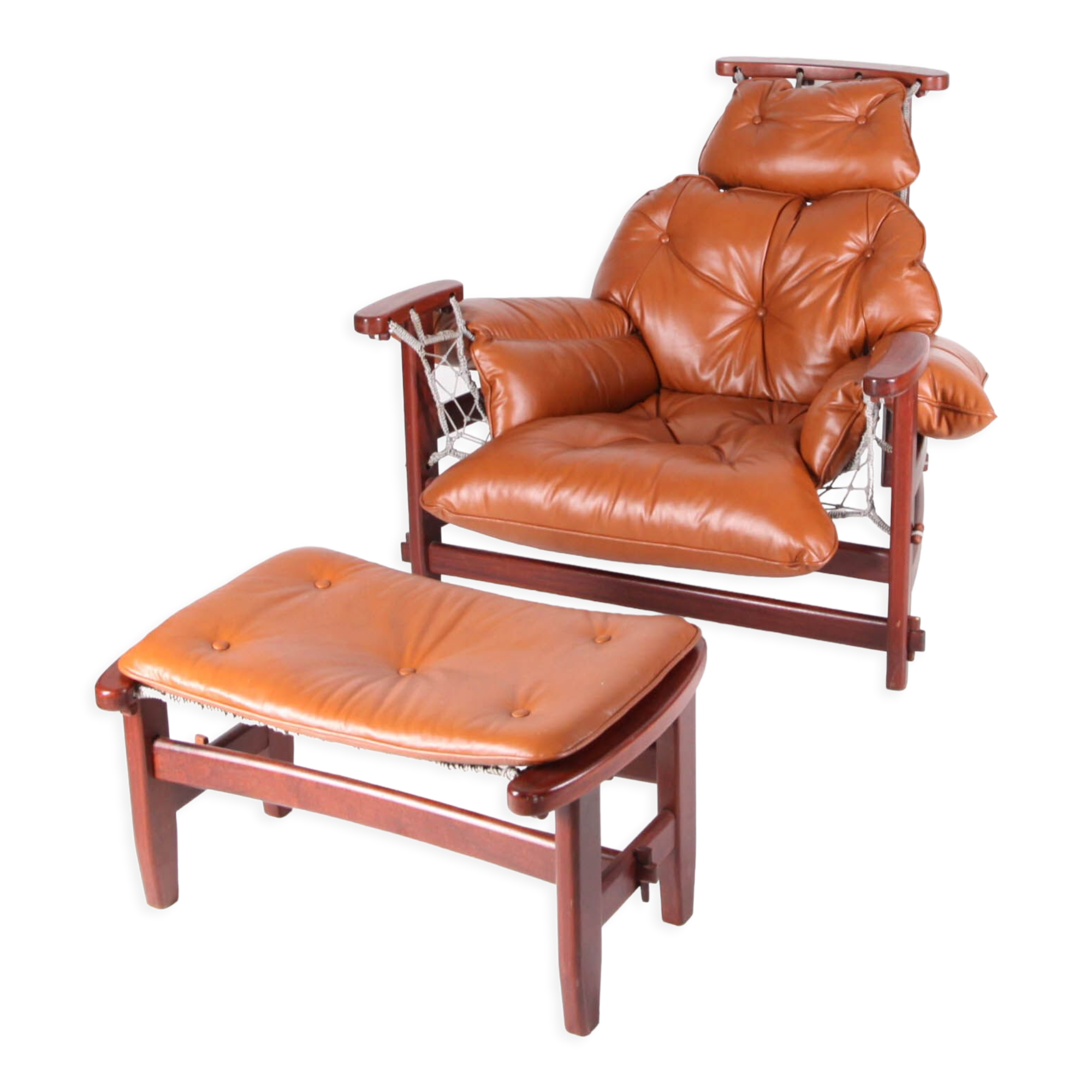 Vintage-style leather and rope armchair and its ottoman