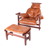 Vintage-style leather and rope armchair and its ottoman
