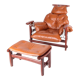 Vintage-style leather and rope armchair and its ottoman