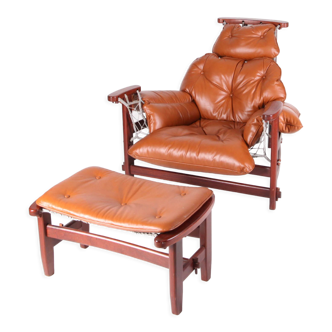 Vintage-style leather and rope armchair and its ottoman