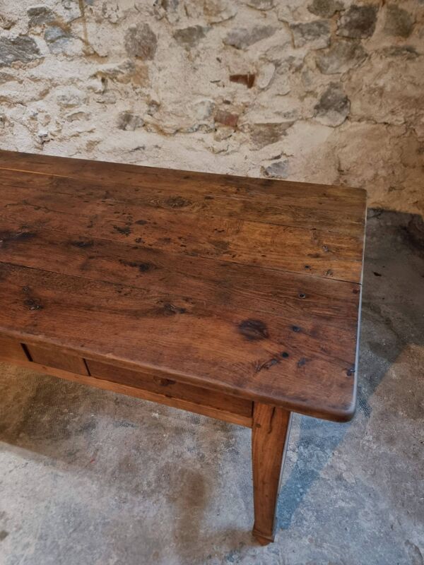 Table de ferme française ancienne en chêne, XIXe siècle – Table à manger rustique avec tiroirs