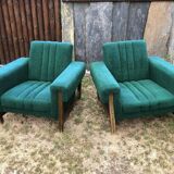 Duo of vintage armchairs with green fabrics.
