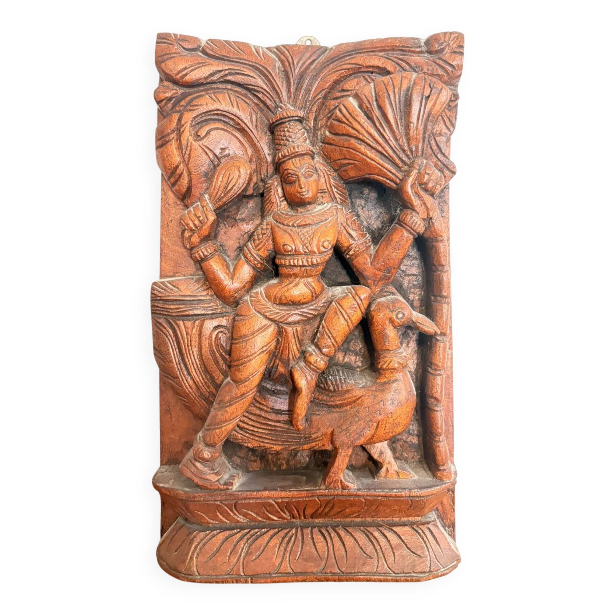 Tableau, panneau en bois sculpté vintage figurant une divinité, Inde