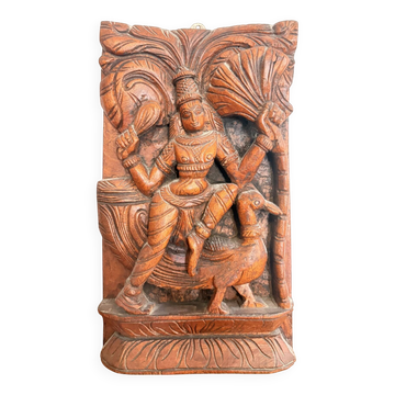Tableau, panneau en bois sculpté vintage figurant une divinité, Inde