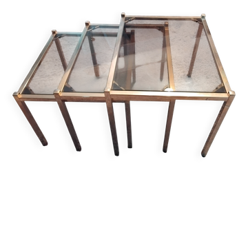 Set of 3 vintage nesting tables – smoked glass & gold metal