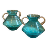 Pair of seventies blown glass vases - turquoise blue