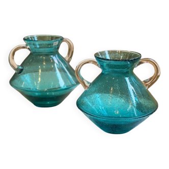 Paire de vase seventies verre soufflé - bleu turquoise