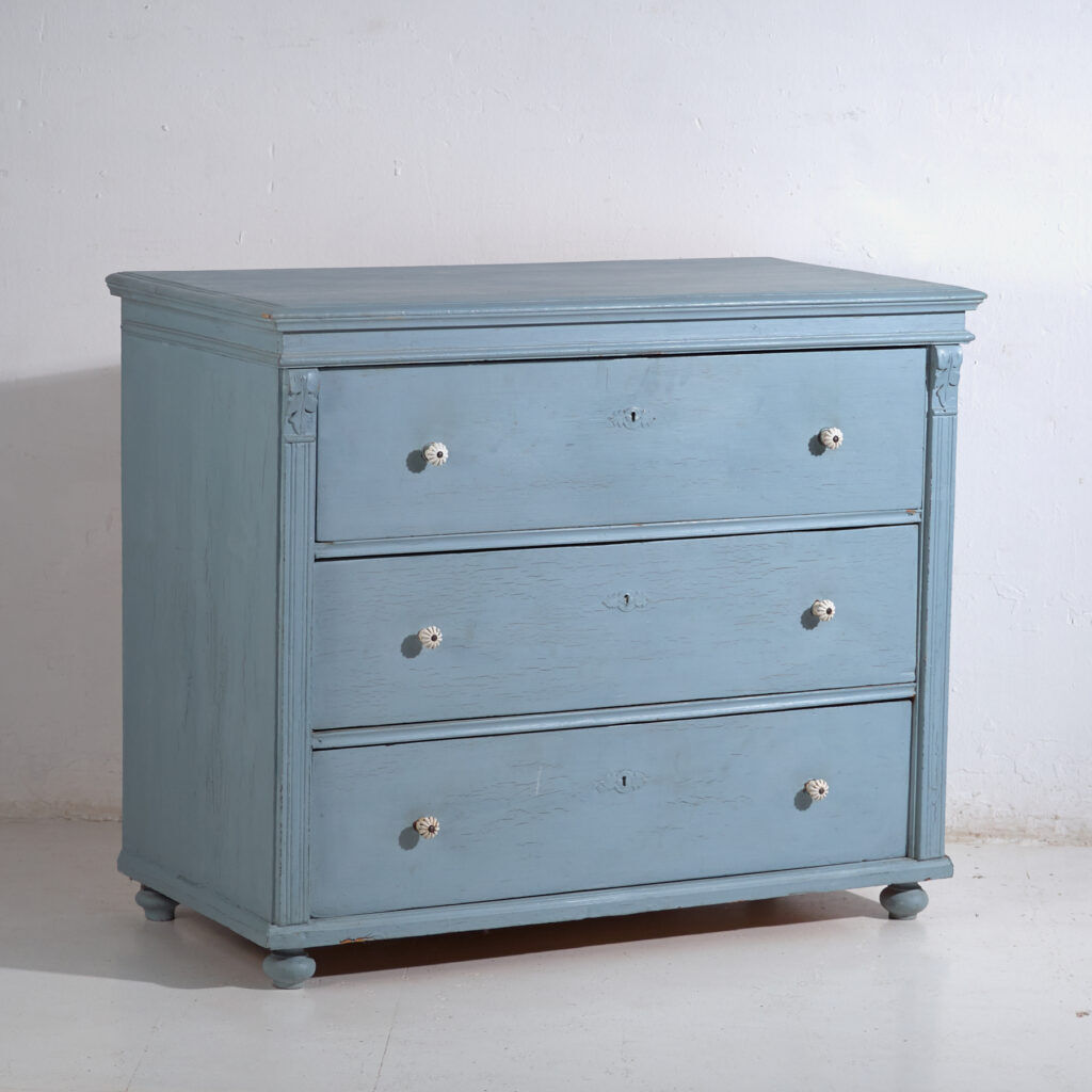 Antique painted pine chest of drawers – European rustic blue chest of drawers – circa 1900