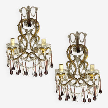 Large Crystal Beaded Murano Glass Sconces Set of 2,