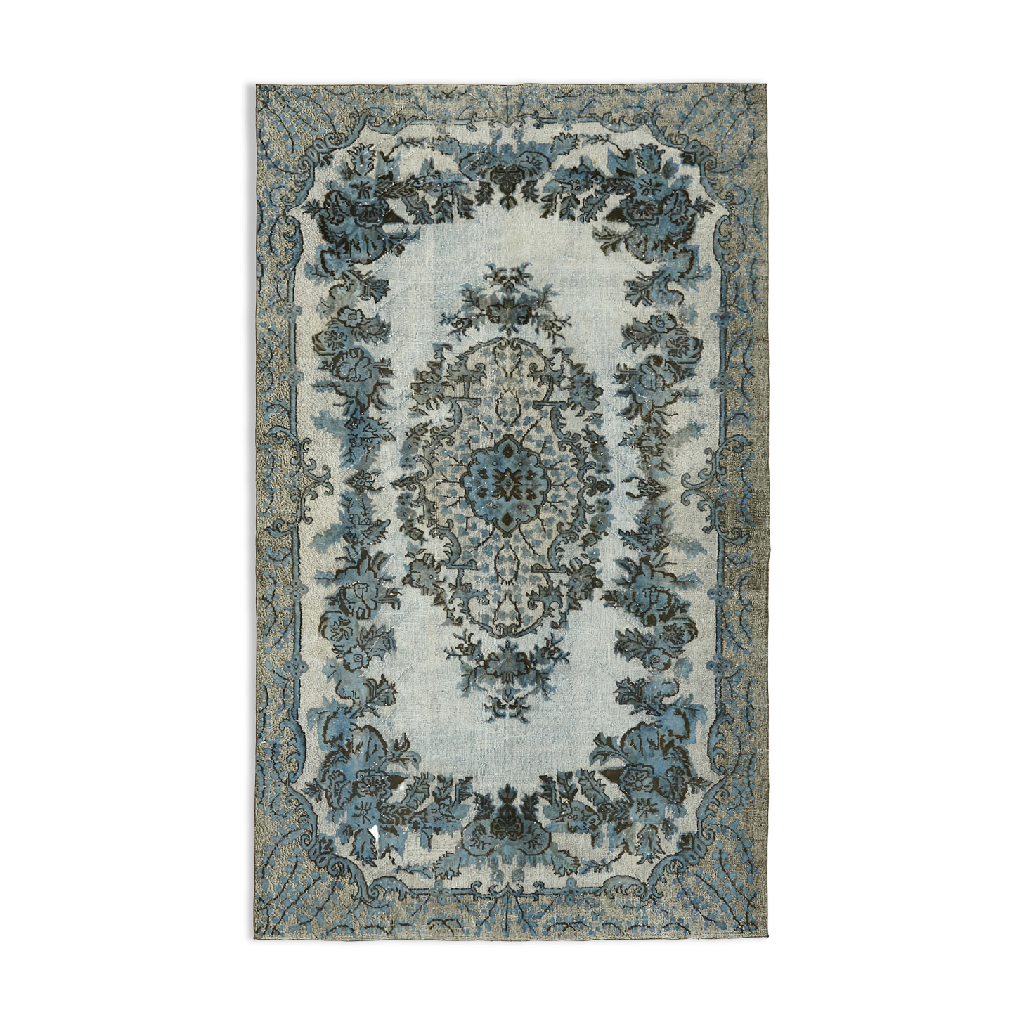 Hand-knotted carved turkish 1970s 198 cm x 323 cm blue carpet