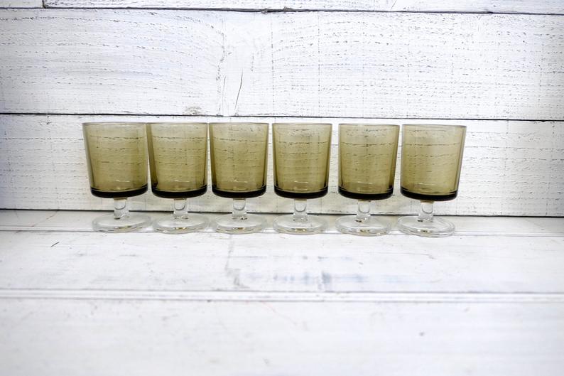 6 Old Luminarc Smoked Foot Glasses H11.5 cm