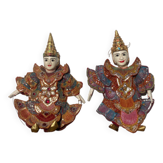 Pair of Burmese dolls in wood, beads and fabrics
