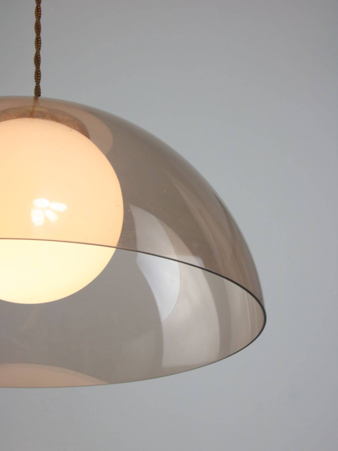 Space-age italian brass, opaline and plexiglass pendant lamp