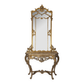 Console antique classique en bois décorée avec un miroir de la fin du 19e siècle.