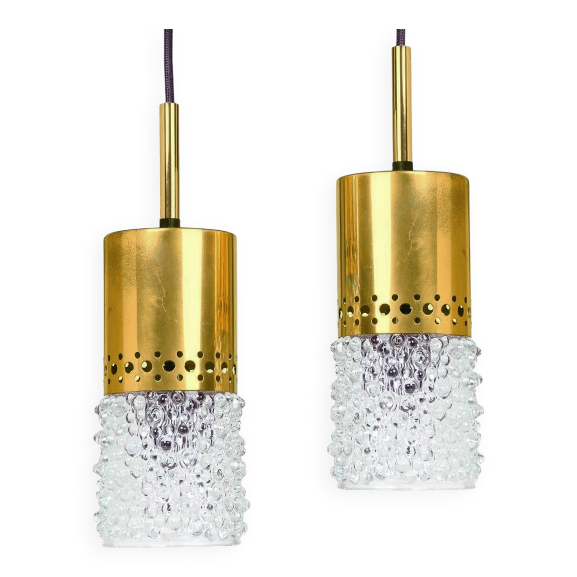 Pair of brass and bubble glass pendant lights by veb narva, 1970s