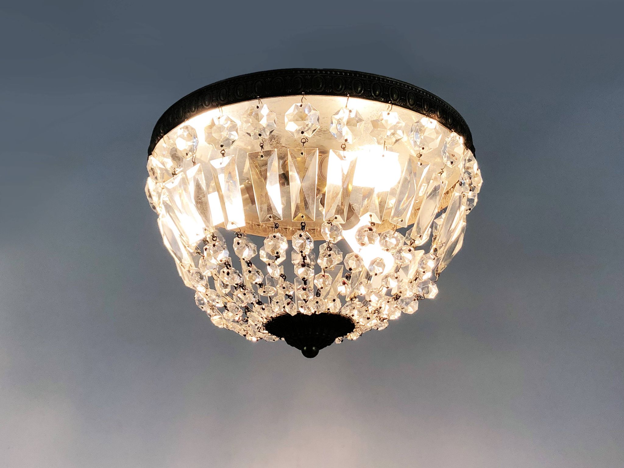 Old crown ceiling light with 3 lights, half basket with glass pendants. Louis XVI style. The 50's