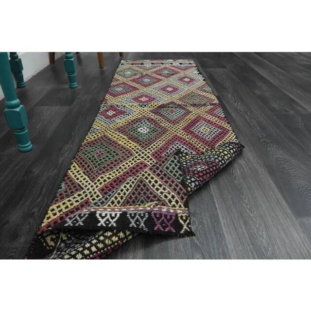 1970s Vintage Turkish Oushak Handmade Wool Cotton Purple Runner Rug 62x206